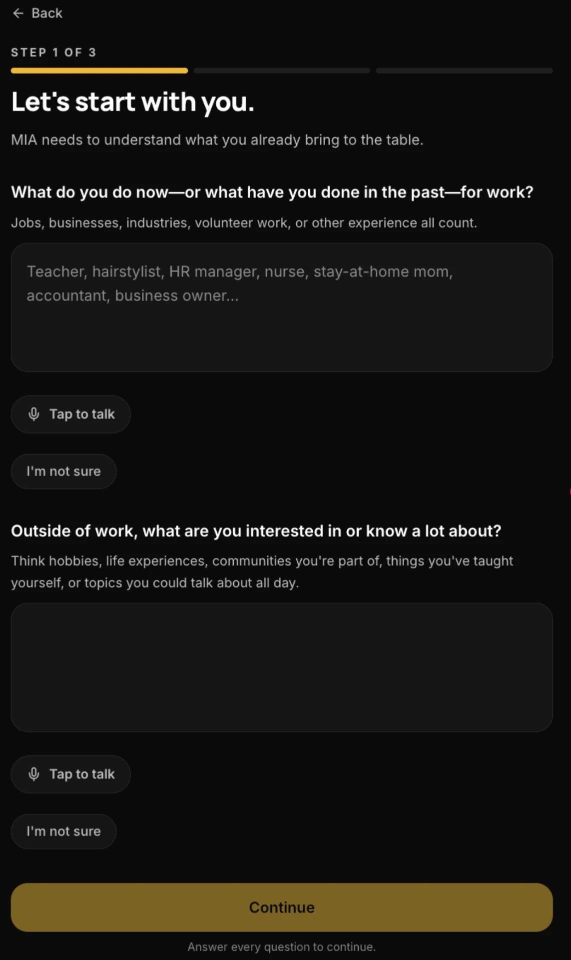 The MIA interview screen