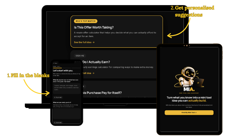 MIA interface, interview and personalized results